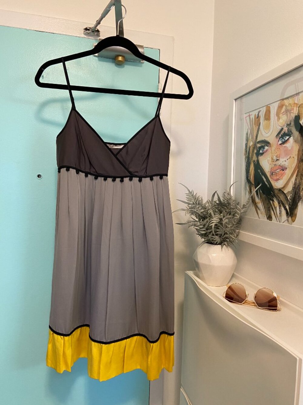 MINT ARNOLD GRAY & YELLOW SILK WITH POM POMS SLIP DRESS SIZE US 4 - Picture 6 of 12